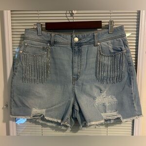 Cato‎ Women’s Size 14 Distressed High Rise Embellished Light Blue Denim Shorts